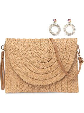 Women's Brown Summer Purse Buckle Woven Beach Bag with Pair of Rattan Earring